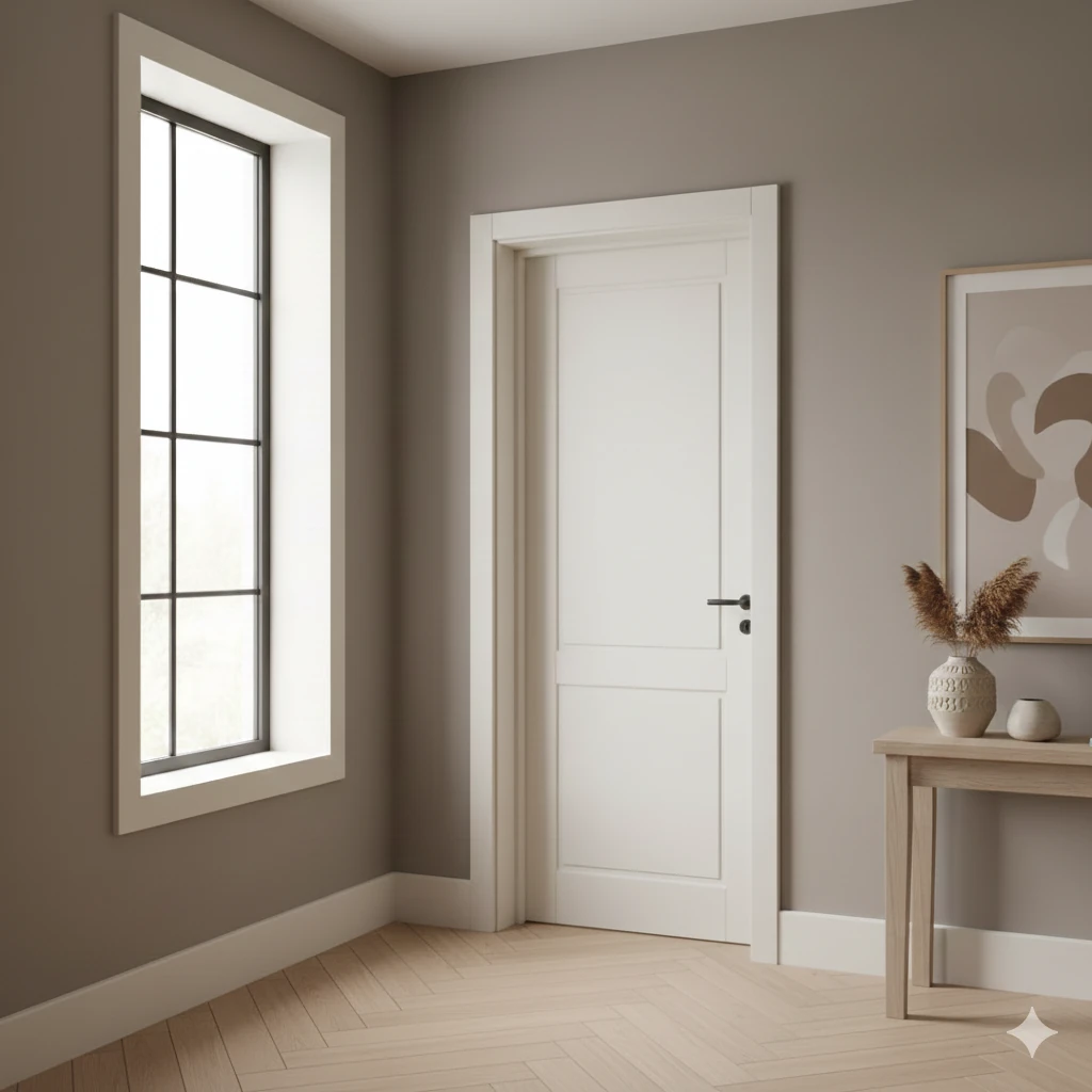 Strak zuiver witte binnenschilderwerk van een deur en kozijn in een modern interieur, uitgevoerd door Patrick Metten Schilderwerken.